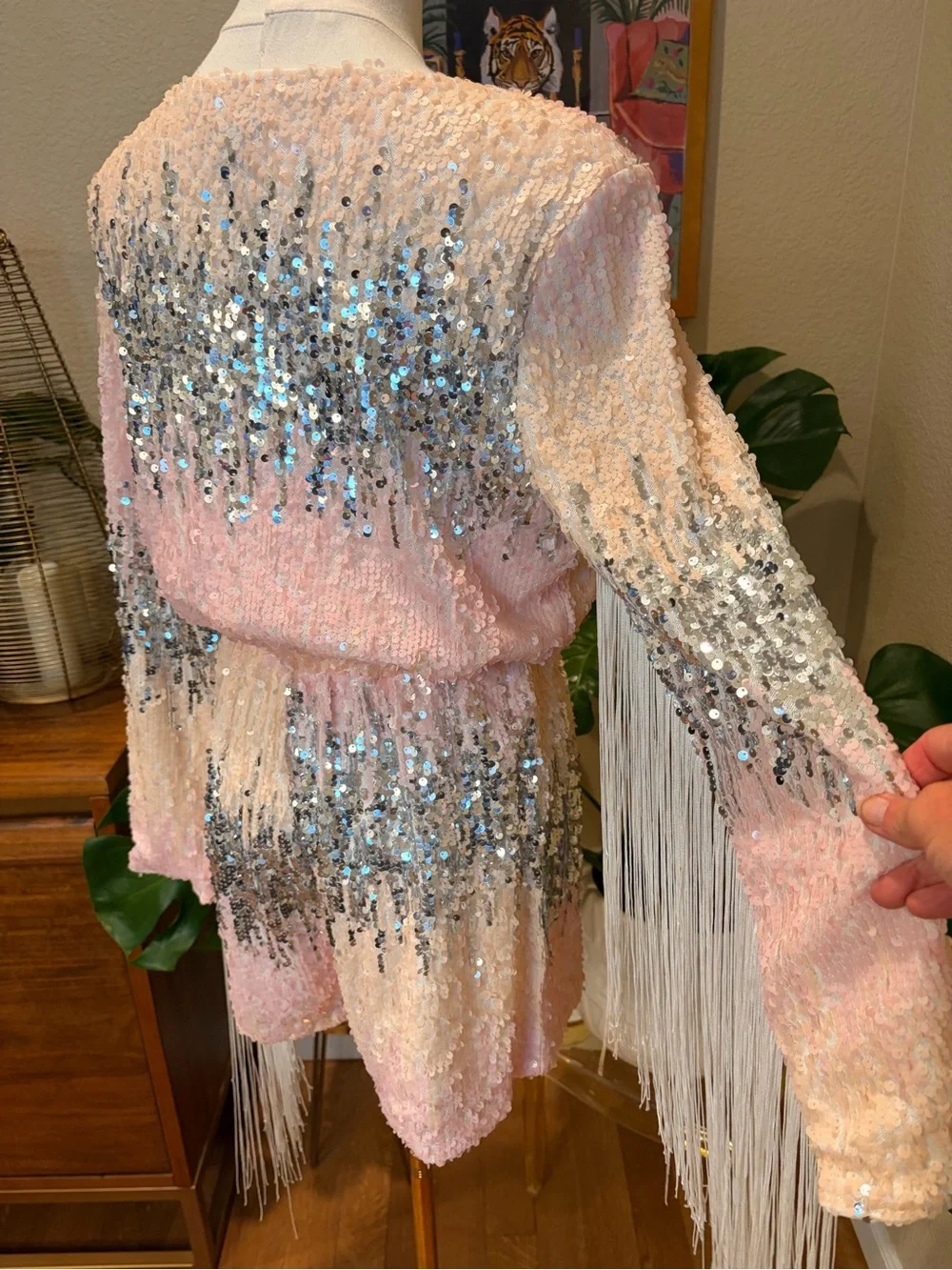 Nasty Gal Pink and Silver Sequin Fringe Romper - Size Small (US 4) - Picture 6 of 7